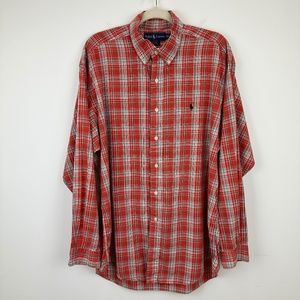 Vintage Ralph Lauren Mens Plaid Shirt Red Blake Cotton Button Long Sleeve Large